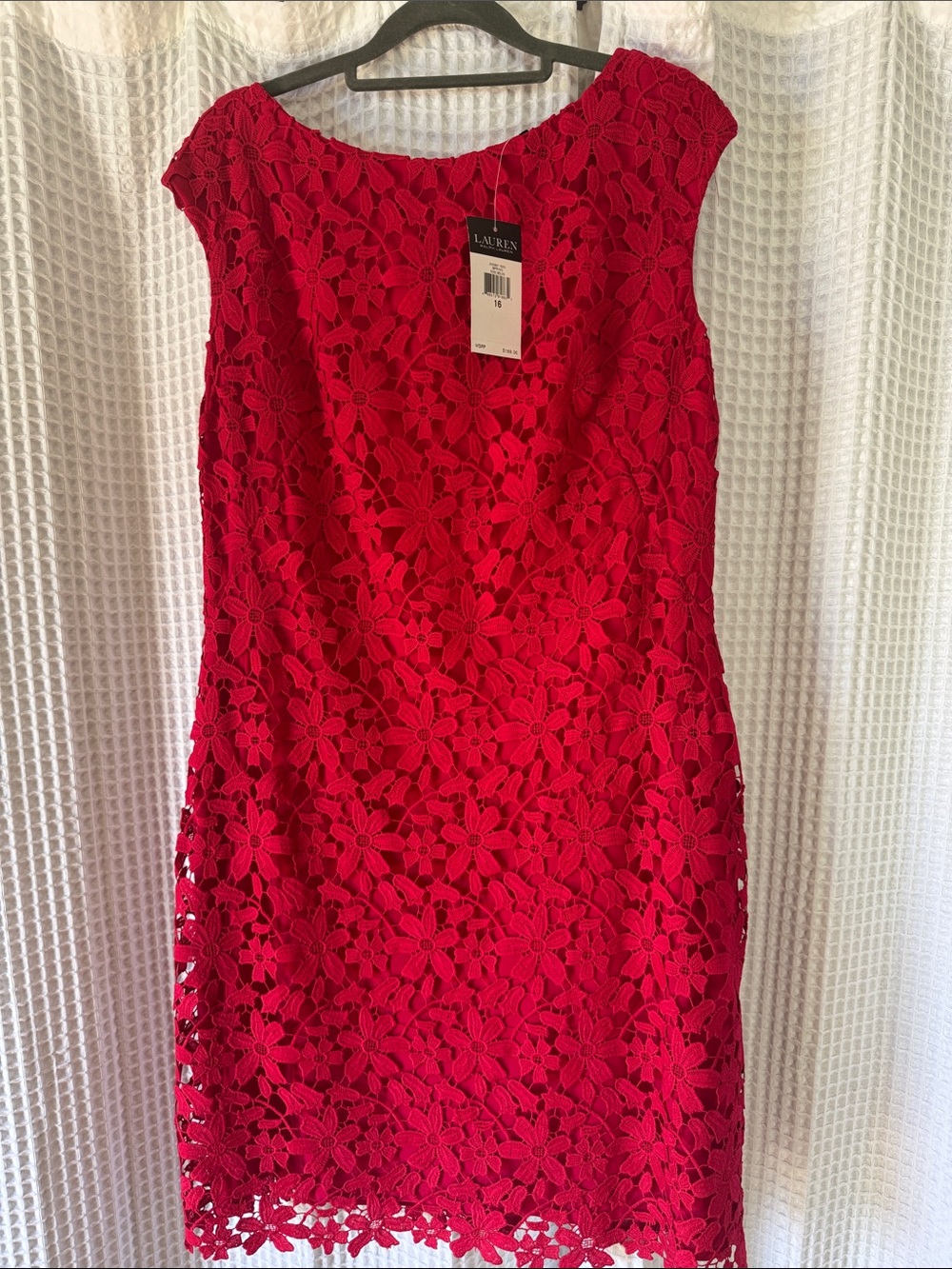 Lauren Ralph Lauren Red Floral Lace Sheath Dress - Scoop Neck